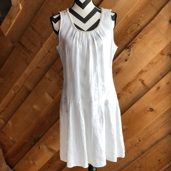 Anthro Malvin I Love Linen White Sleeveless Dress Pearl Bead Neckline Large Anthro Malvin I Love Linen White Sleeveless Dress Pearl Bead Neckline Large